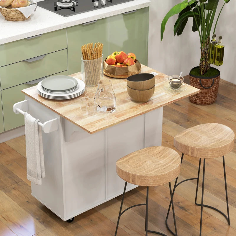 Electric Kitchen Island Cart w Power & USB Port, Drop-leaf Countertop w Wheels, Wood Top, White
