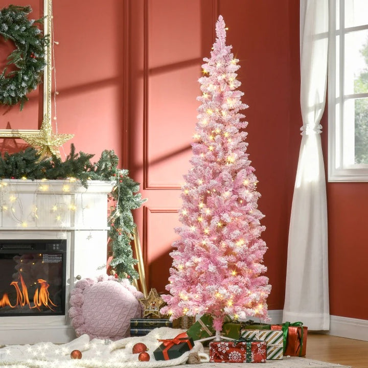 6ft 500-Tip Pre-lit Lush Slim Artificial Pencil Christmas Holiday Tree w 250 LED Lights, Pink