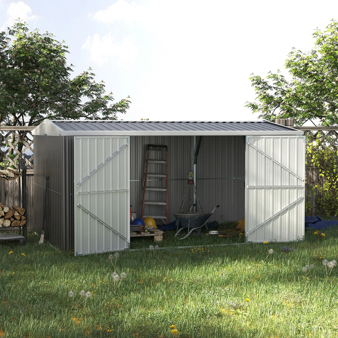 14' x 8' Large Galv Steel Outdoor Tool Bike Storage Shed w Double Swing Doors, Patio Garden, Grey