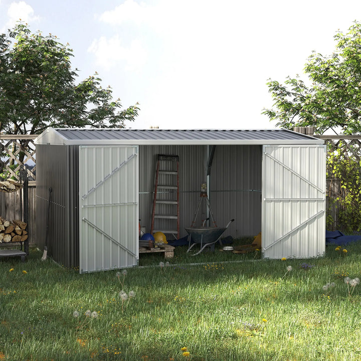 14' x 8' Large Galv Steel Outdoor Tool Bike Storage Shed w Double Swing Doors, Patio Garden, Grey