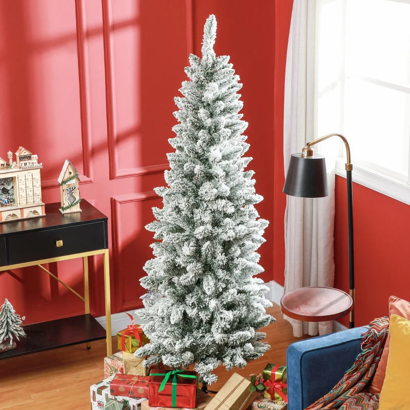 6ft 479-Tip Unlit Snow Flocked Slim Artificial Pencil Christmas Holiday Fake Xmas Tree, Green
