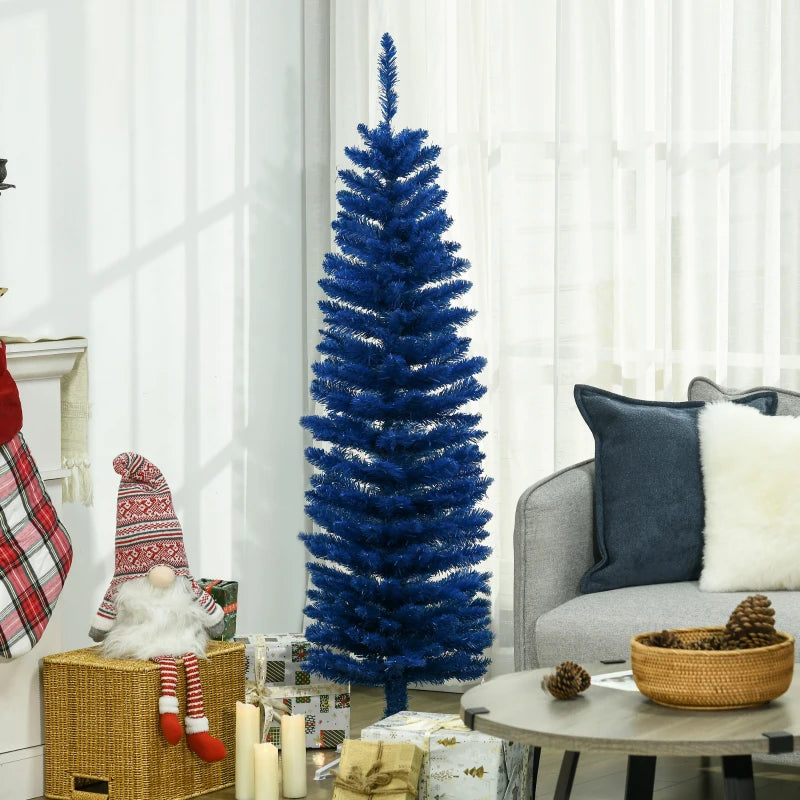 NEW 5ft 250-Tip Unlit Slim Pencil Artificial Christmas Holiday Tree w Base, Xmas Decor, Deep Blue