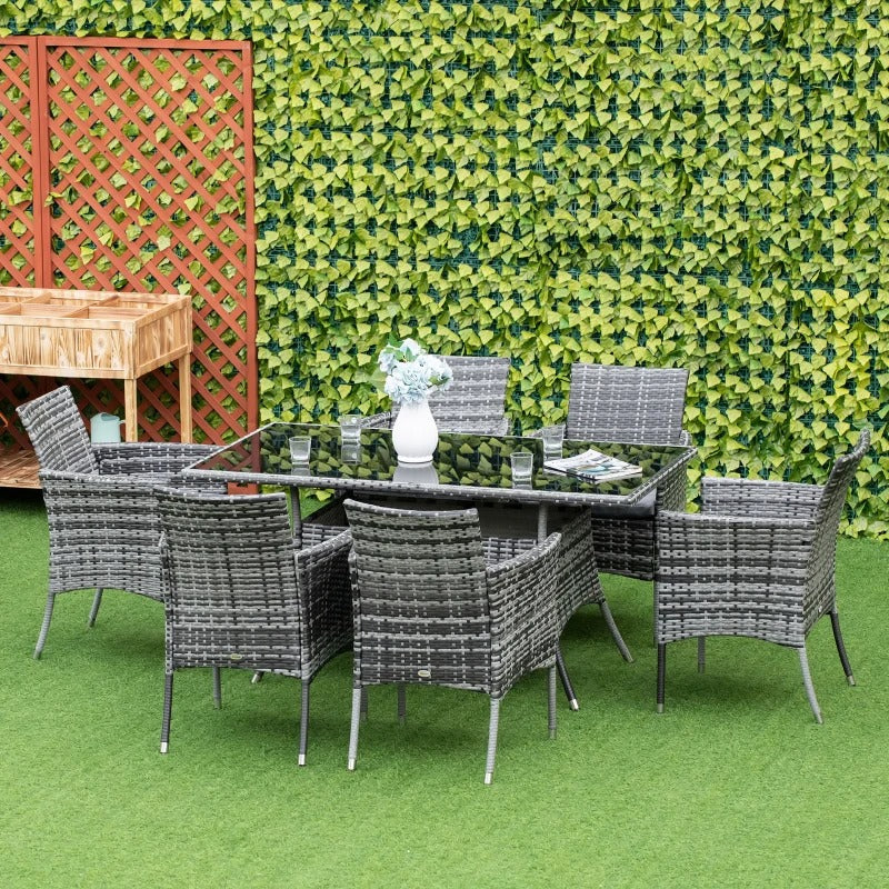 7pc PE Rattan Wicker Dining Set w 6 Arm Chairs & Glass Table Top, Outdoor Patio, Mixed Grey