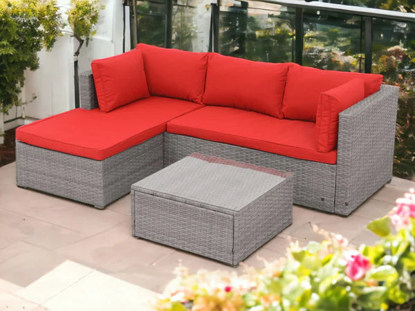 3pc Compact PE Rattan Wicker Conversation Sofa Set w Cushions for Outdoor Patio - Grey, Red