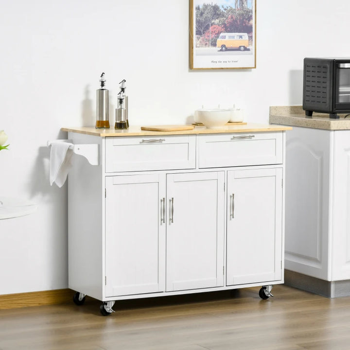 Modern Rolling Kitchen Island Storage Cart Cabinet Sideboard w Drawers, Natural Wood Top, White