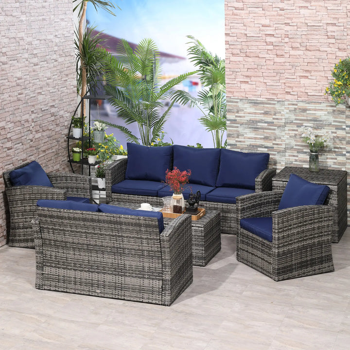 6pc 7-Seat Premium PE Rattan Wicker Conversation Outdoor Patio Set, Cushions Storage, Grey, Dk Blue