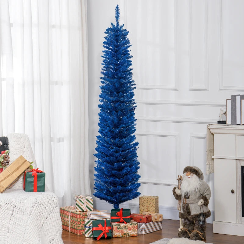 7ft 500-Tip Unlit Slim Pencil Artificial Christmas Holiday Tree w Base, Xmas Decor, Deep Blue