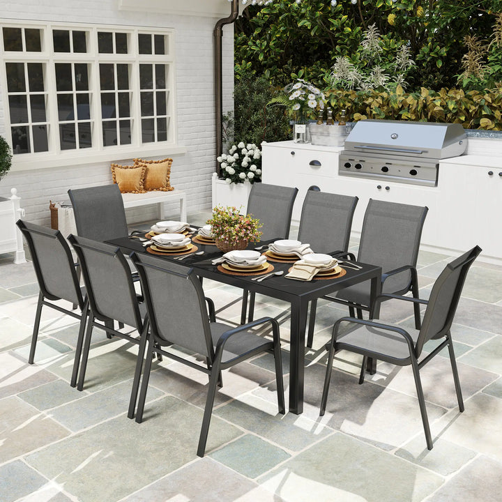 9pc 8-Seat Steel Outdoor Dining Set w Glass Tabletop, 8 Stackable Chairs, Garden Patio, Black, Grey