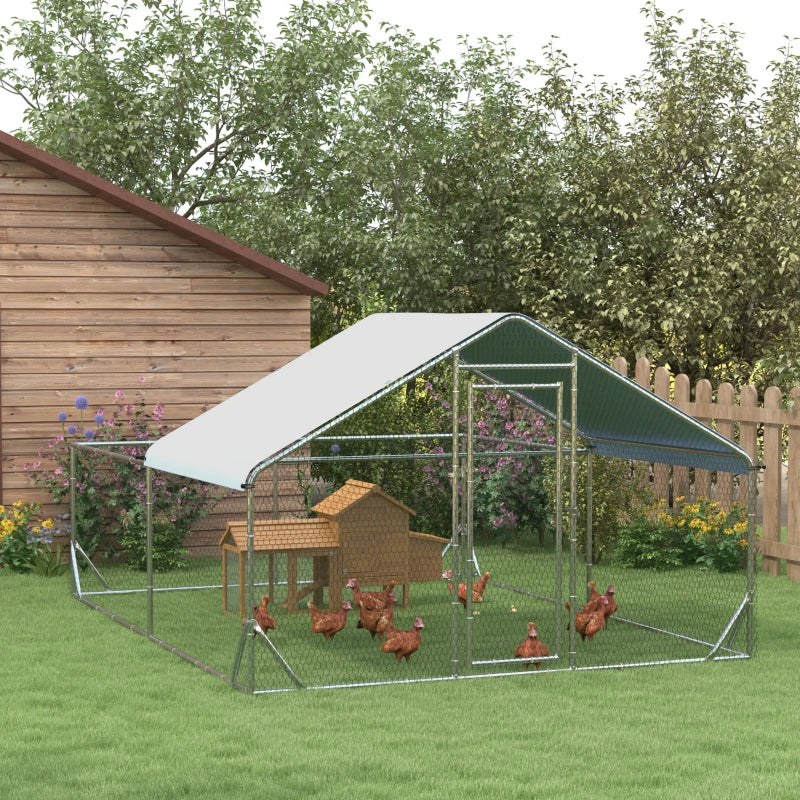 13' x 9.8' x 6.4' Galv Steel Outdoor Chicken Run Coop Cage Shelter w Cover, Fence for Back Yard