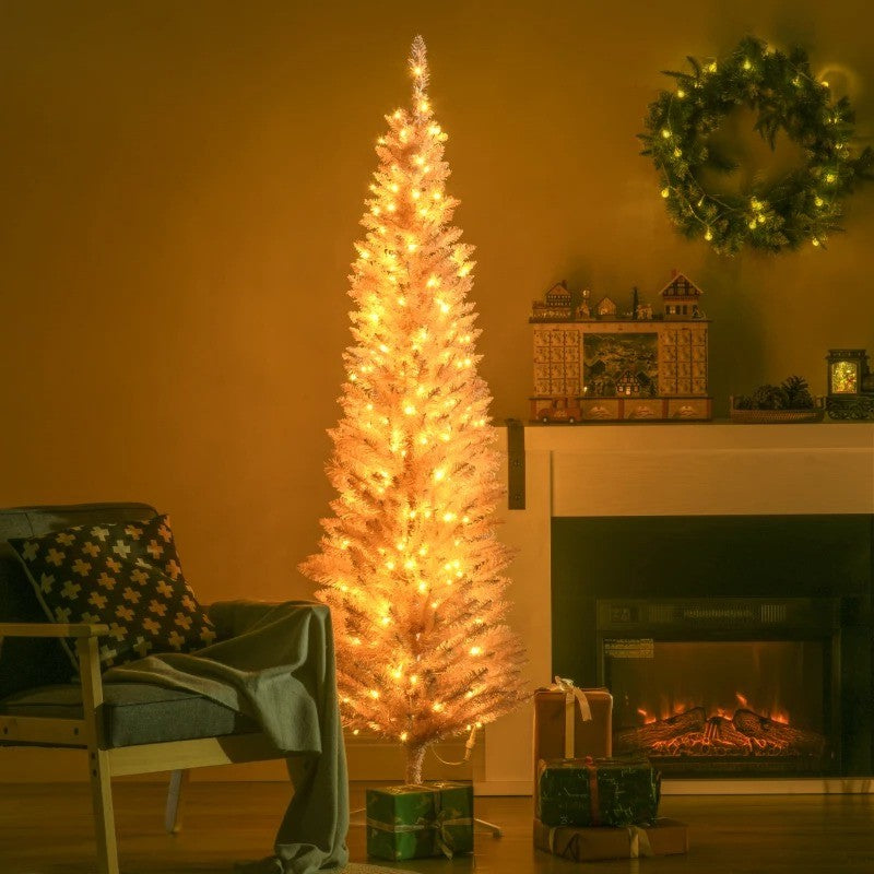 6ft 390-Tip Pre-lit Slim Artificial Pencil Christmas Holiday Tree w 200 LED Lights, Base, Pink