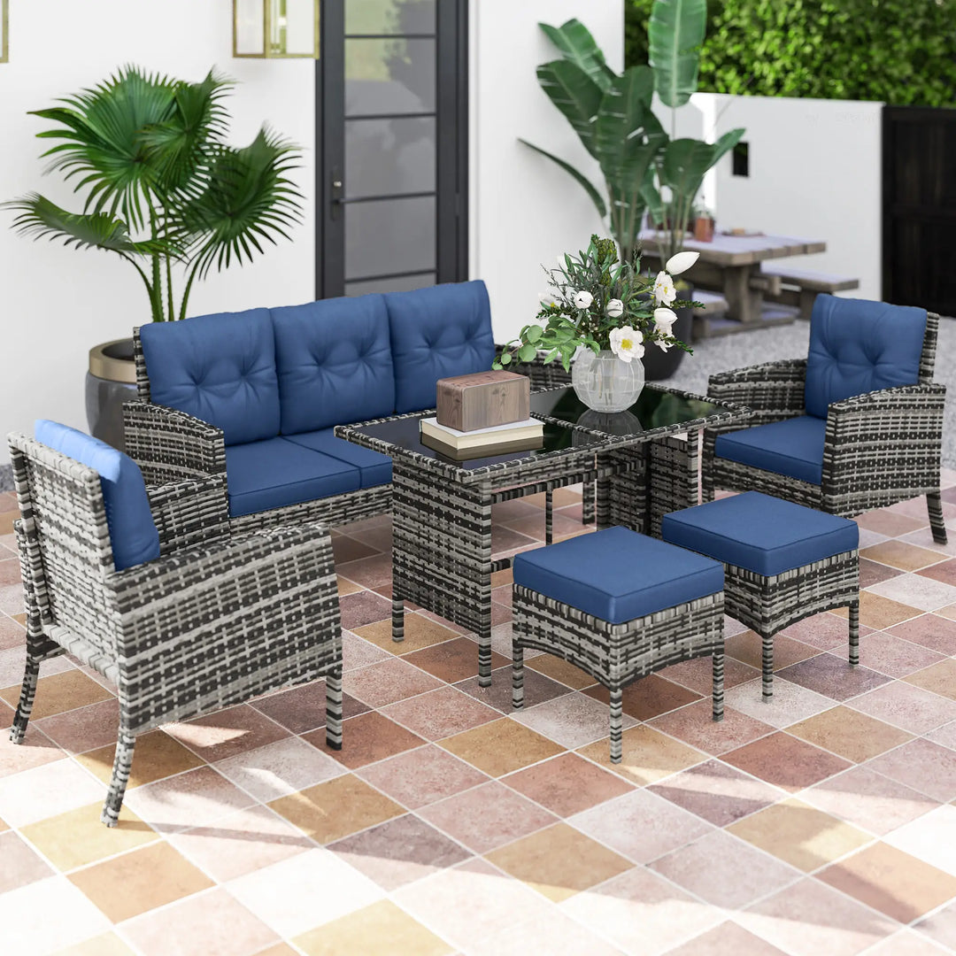 6pc PE Rattan Wicker Outdoor Dining Table Patio Sofa Furniture Set w Cushions, Ottomans, Blue, Grey