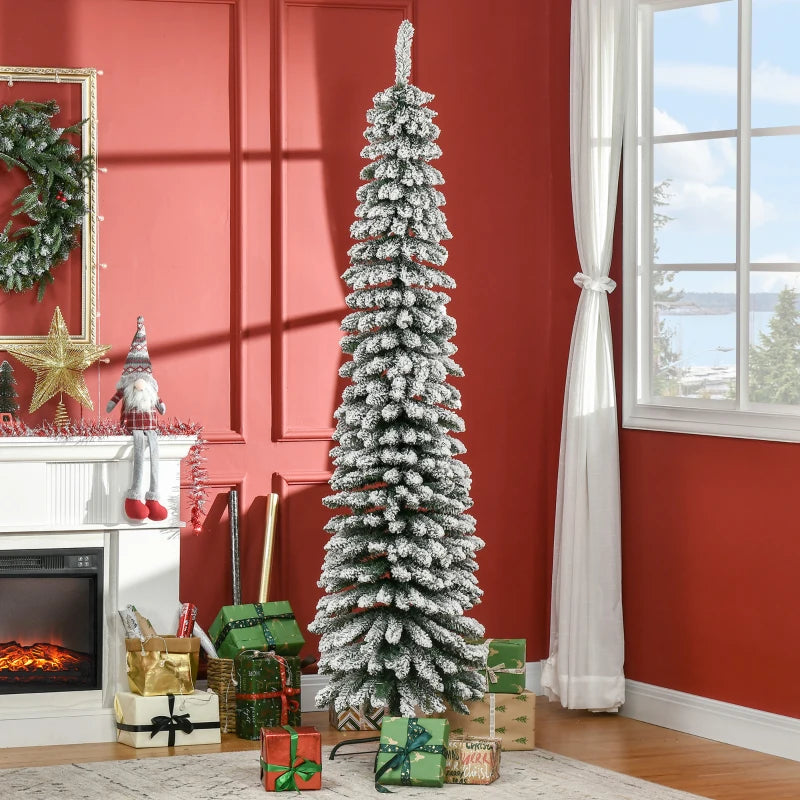 NEW 7ft 490-Tip Ultra Slim Snow Flocked Pencil Artificial Christmas Holiday Fake Xmas Tree, Green