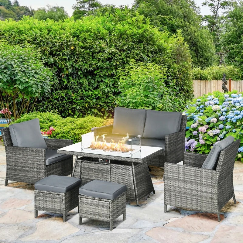 6pc PE Rattan Wicker Conversation Set w Propane Fire Pit Table, Footstools, Outdoor Patio, Grey