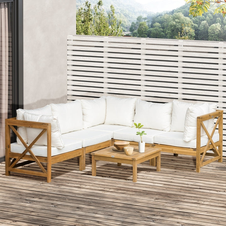6pc L-Shape Boho Acacia Wood Sofa Conversation Set w Cushions for Outdoor Patio, Cream White