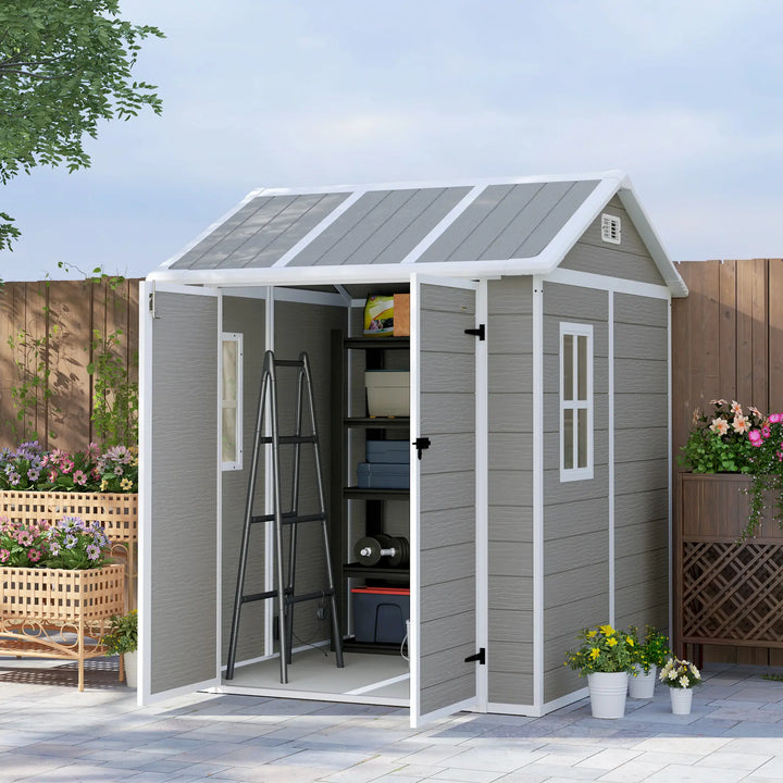 6' x 6' Resin PP Plastic Aluminum Outdoor Tool Storage Garden Shed w 2 Swing Doors, Windows, Grey