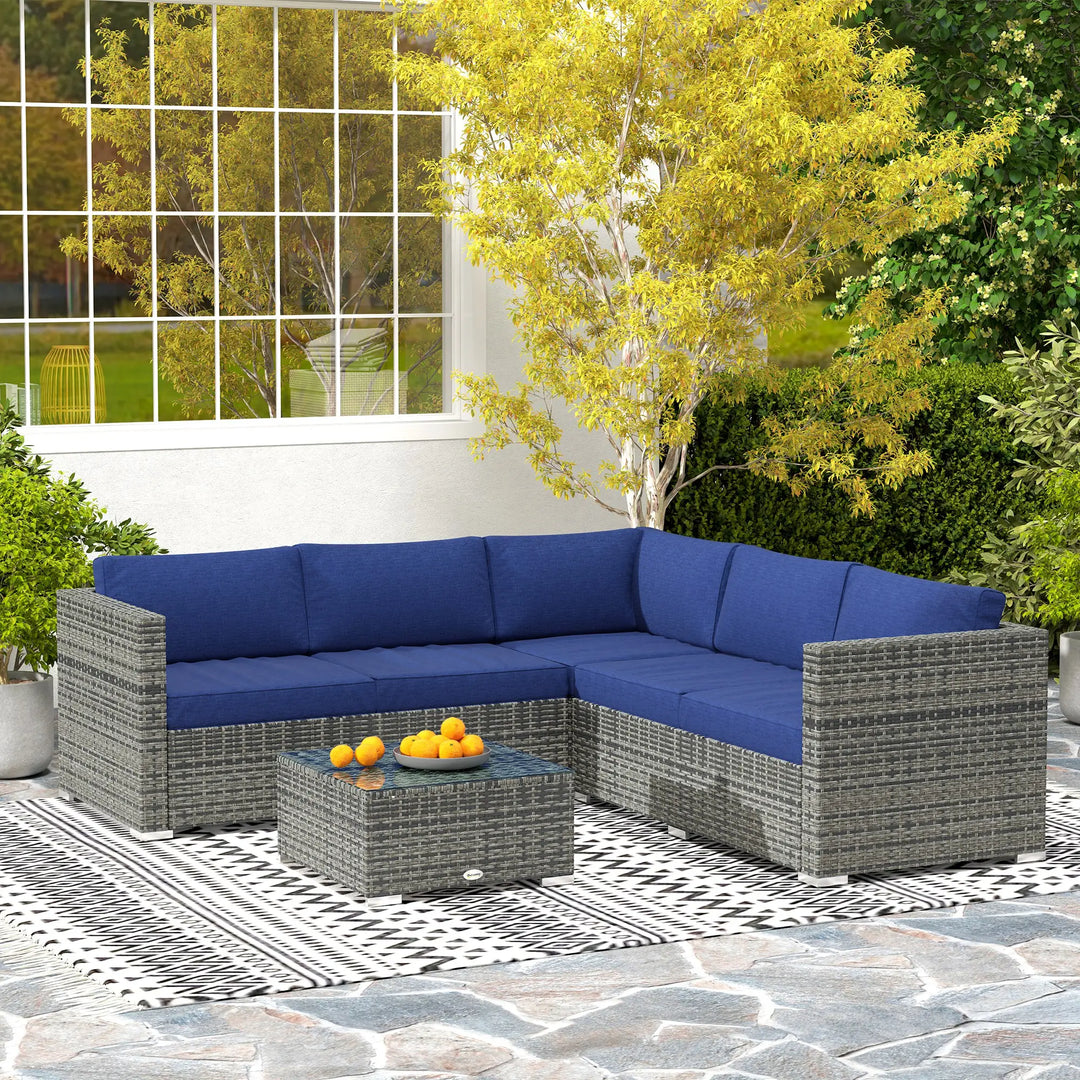 4pc L-Shape PE Rattan Wicker Corner Sectional Outdoor Patio Furniture Set, Cushions, Navy Blue Grey