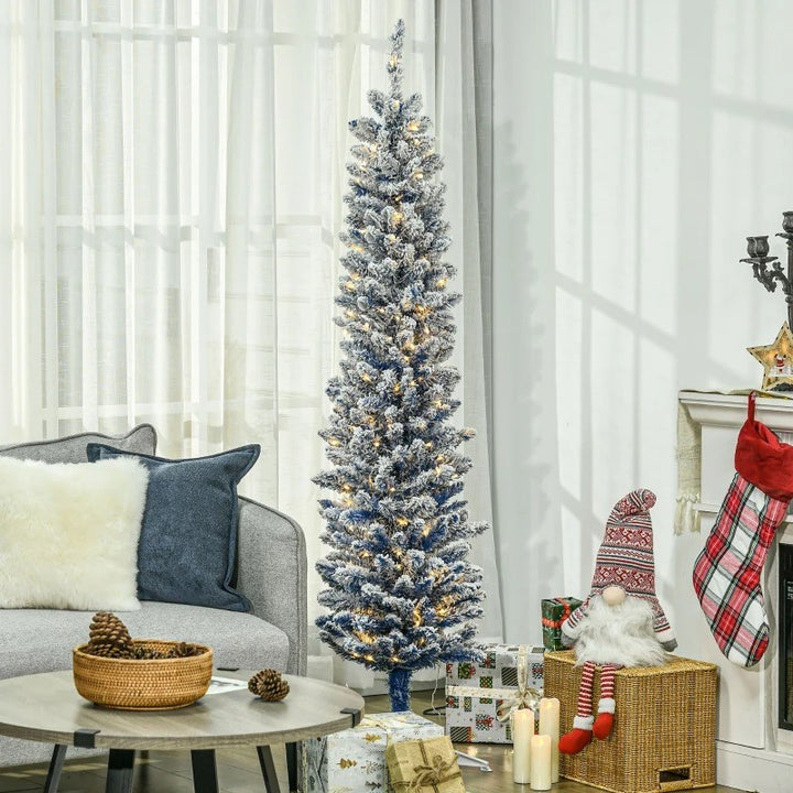6ft 360-Tip Pre-lit Snow Flocked Artificial Pencil Christmas Holiday Tree, 200 LED Lights, Blue