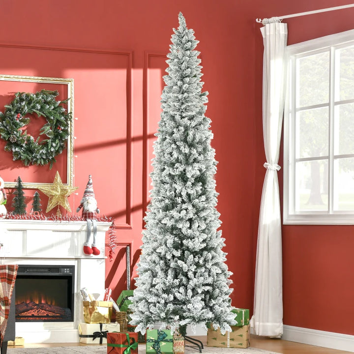 9ft Tall 1277-Tip Unlit Snow Flocked Slim Artificial Pencil Christmas Holiday Xmas Tree, Green