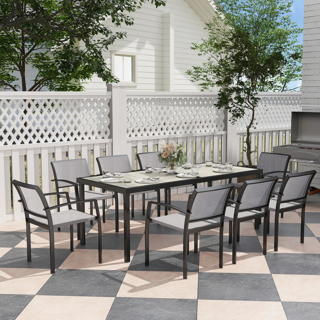 9pc 8-Seat Steel Outdoor Dining Set w Composite Tabletop, 8 Stackable Chairs for Garden Patio, Grey