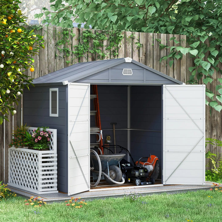 8' x 6' PP Plastic Resin & Aluminum Outdoor Tool Bike Storage Shed, Swing Doors, Patio Garden, Grey