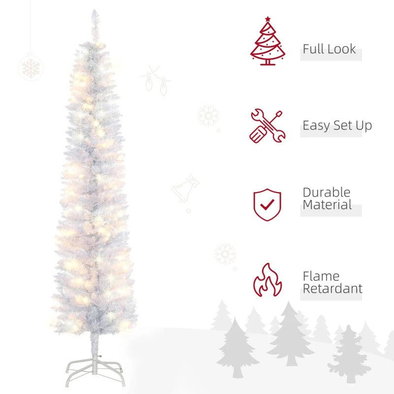 6ft 395-Tip Pre-lit Ultra Slim Pencil Artificial Christmas Holiday Tree w 100 LED Lights, White
