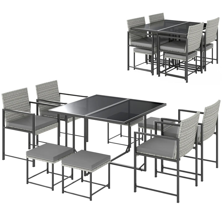 9pc 8 Seat Compact PE Rattan Wicker Dining Table Set w Ottomans, Cushions for Outdoor Patio - Grey