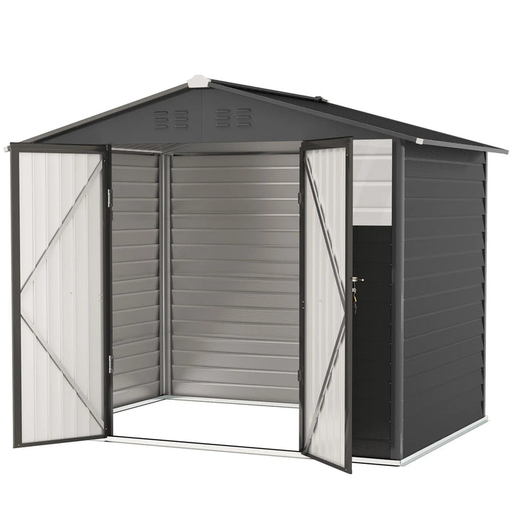 8' x 6' Galv Steel Metal Outdoor Bike Tool Storage Utility Garden Shed, Swing Doors, Windows, Grey
