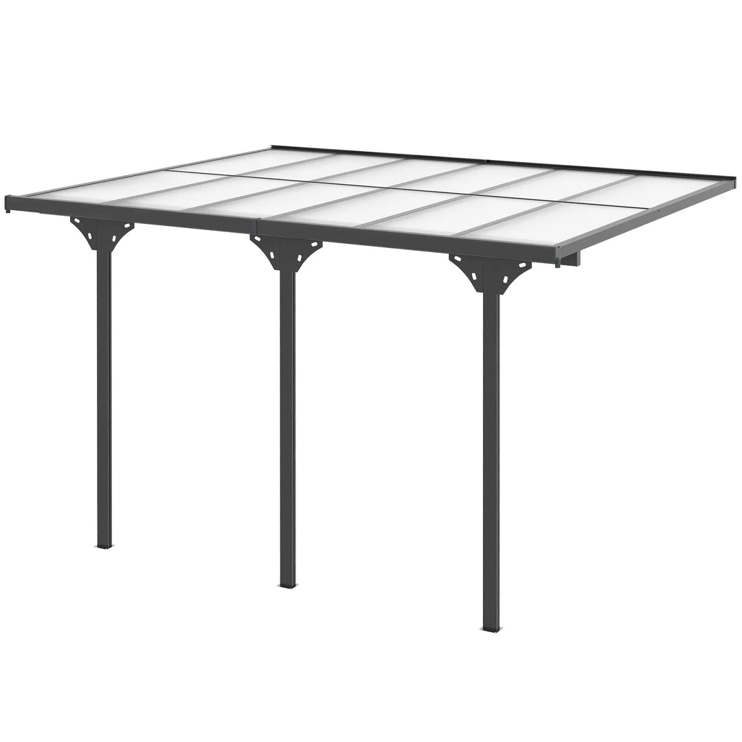 12' x 10' Wall-Mounted Adjustable Sloped Aluminum PC Hardtop Gazebo Pergola Awning Canopy, Grey