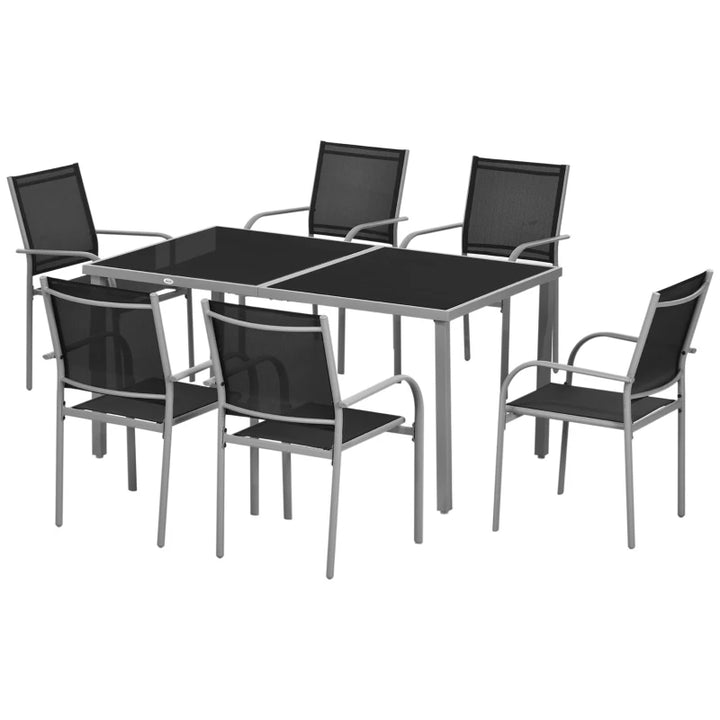7pc, 6 Seat Outdoor Patio Dining Set w Tempered Glass Table Mesh Stackable Chairs - Black, Grey