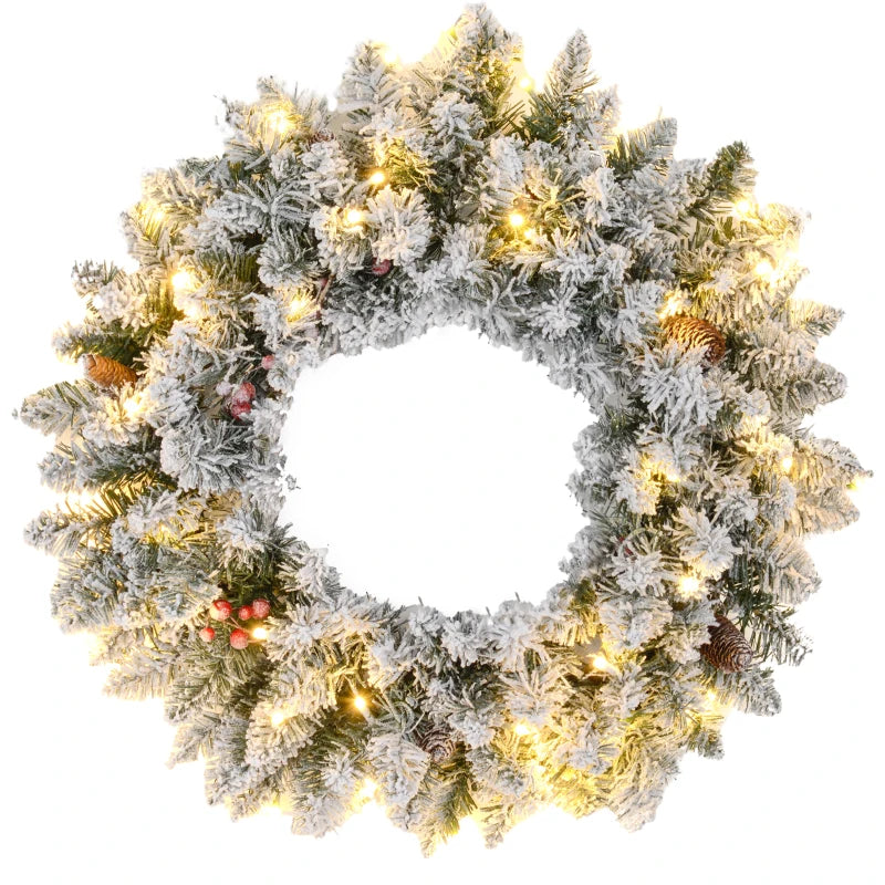 24” Prelit Snow Flocked Artificial Christmas Holiday Wreath w Lights, Berries Pine Cones, Green