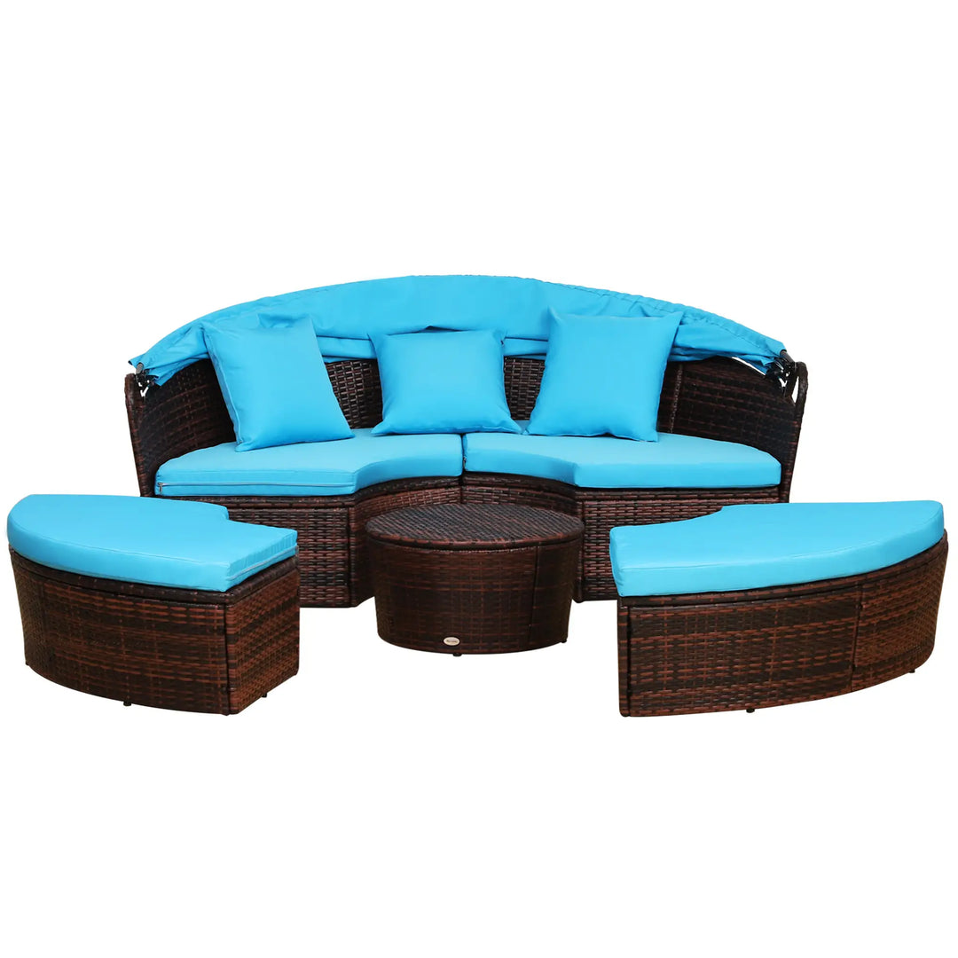 4pc Rattan Wicker Round Canopy Daybed Lounge Outdoor Patio Sofa Set w Cushions, Brown, Aqua Lt Blue
