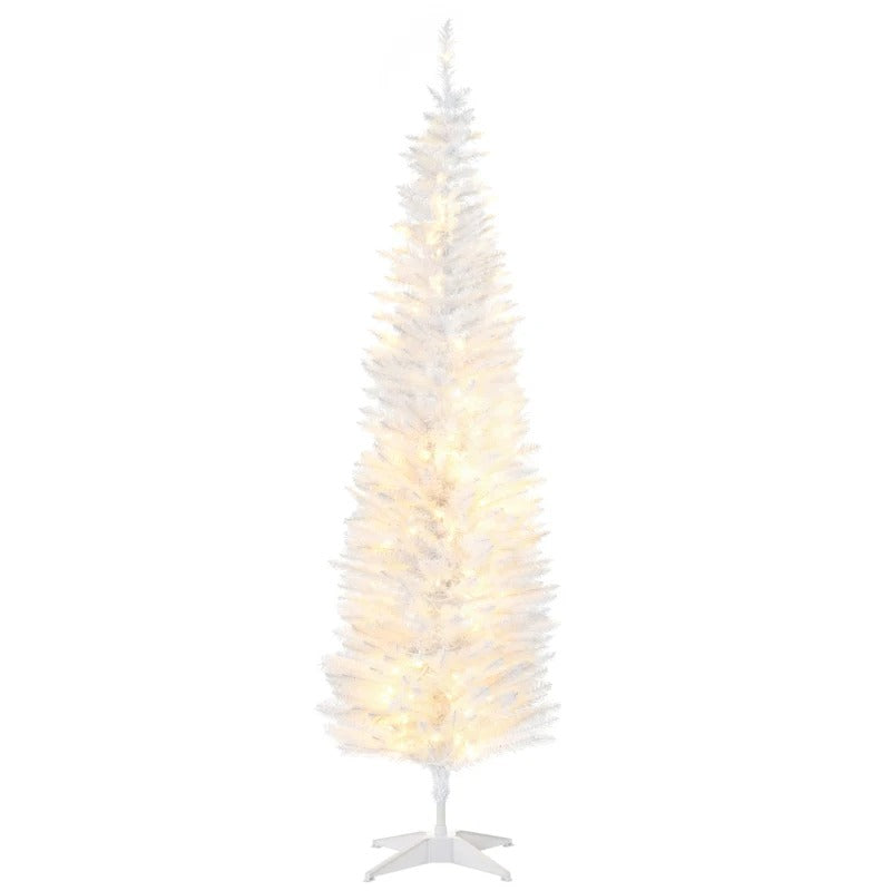 6ft 390-Tip Pre-lit Slim Artificial Pencil Christmas Holiday Tree w 200 LED Lights, Base, White