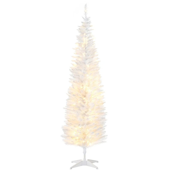 6ft 390-Tip Pre-lit Slim Artificial Pencil Christmas Holiday Tree w 200 LED Lights, Base, White