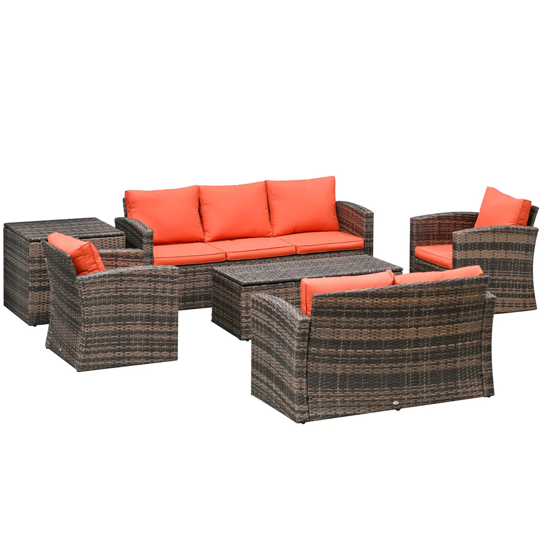 6pc 7-Seat Premium PE Rattan Wicker Conversation Outdoor Patio Set, Cushions Storage, Brown, Orange