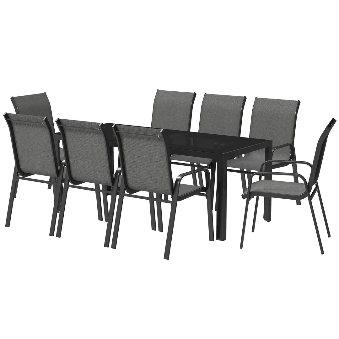 9pc 8-Seat Steel Outdoor Dining Set w Glass Tabletop, 8 Stackable Chairs, Garden Patio, Black, Grey