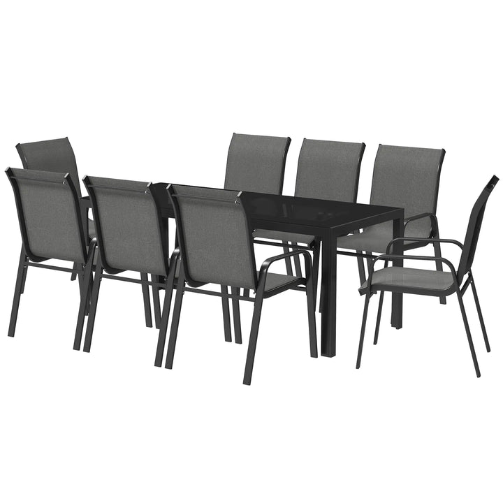 9pc 8-Seat Steel Outdoor Dining Set w Glass Tabletop, 8 Stackable Chairs, Garden Patio, Black, Grey