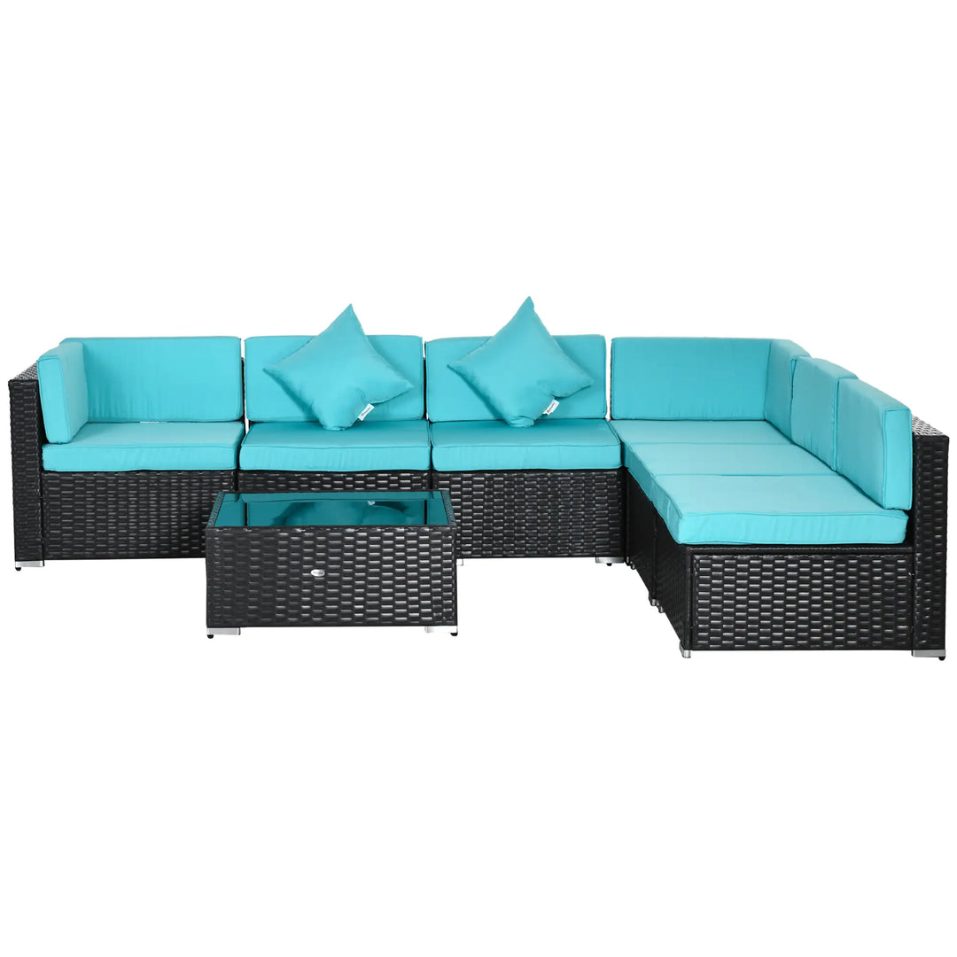 7pc Rattan Wicker Sectional Conversation Furniture Set w Cushions, Outdoor Patio, Aqua Blue, Brown