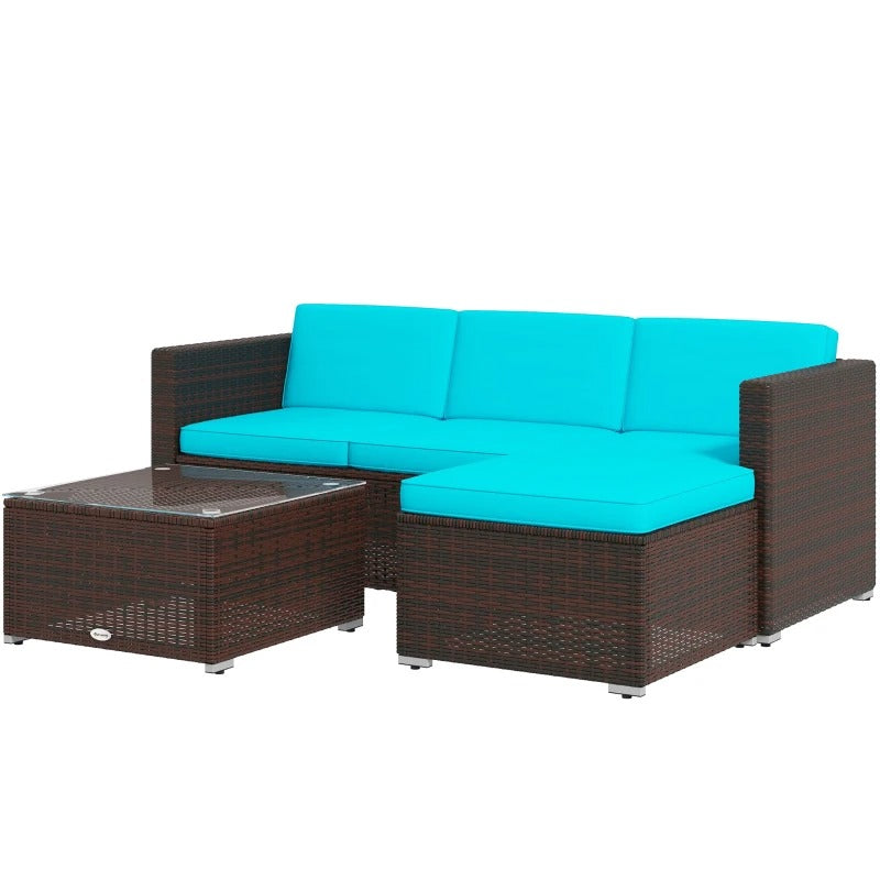 3pc Compact PE Rattan Wicker Conversation Sofa Set w/ Cushions Outdoor Patio - Brown, Turquoise