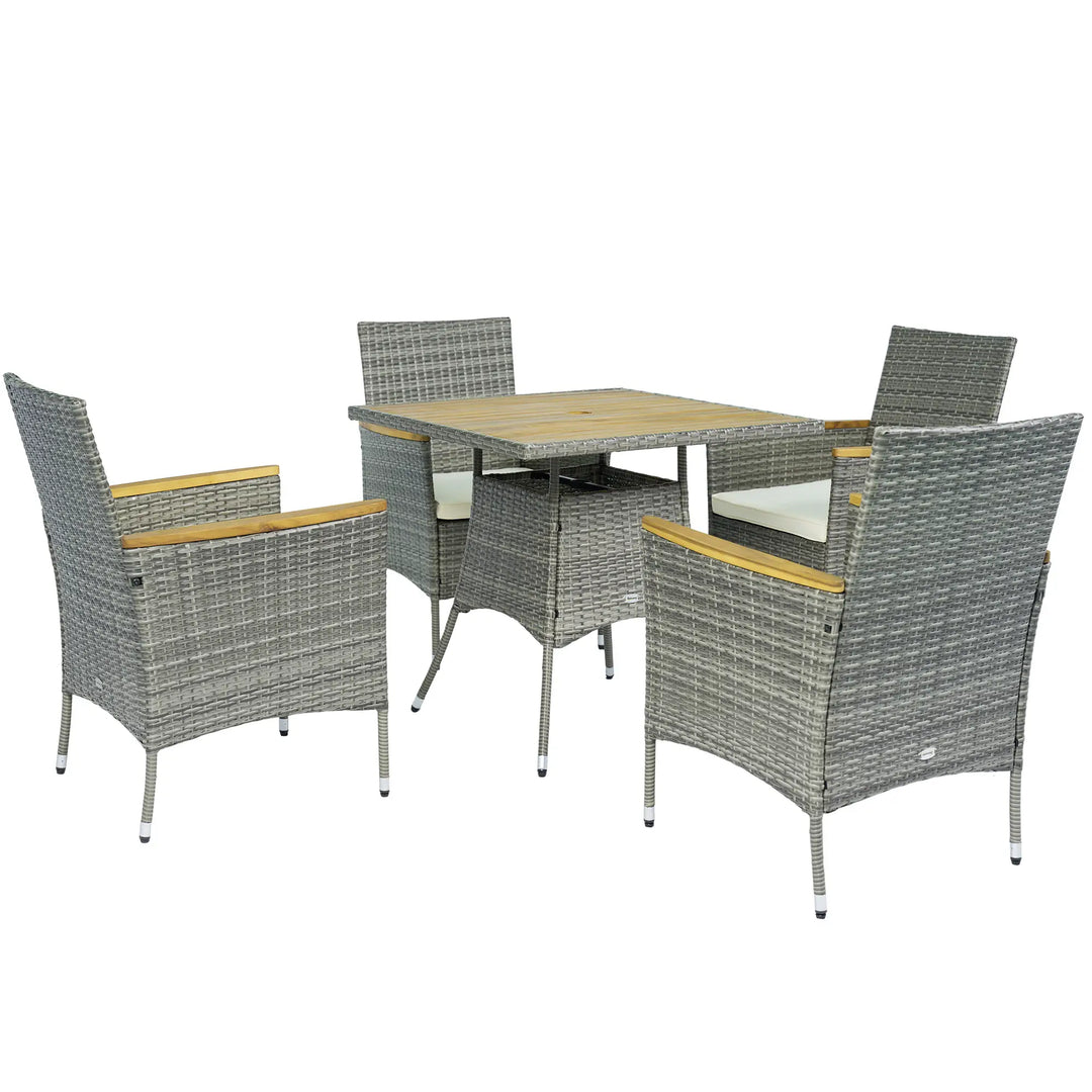5pc Square PE Rattan Wicker Outdoor Dining Table Patio Set w 4 Chairs, Wood Top, Parasol Hole, Grey