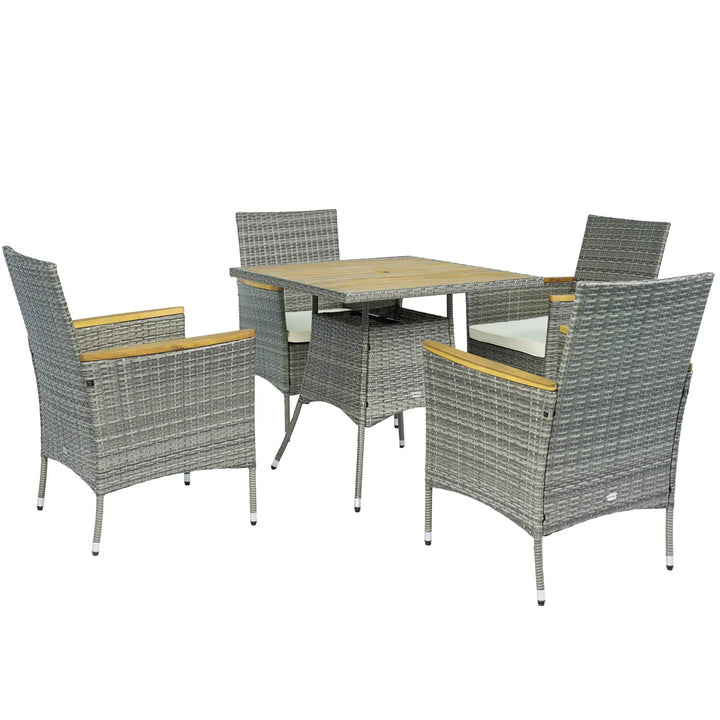 5pc Square PE Rattan Wicker Outdoor Dining Table Patio Set w 4 Chairs, Wood Top, Parasol Hole, Grey