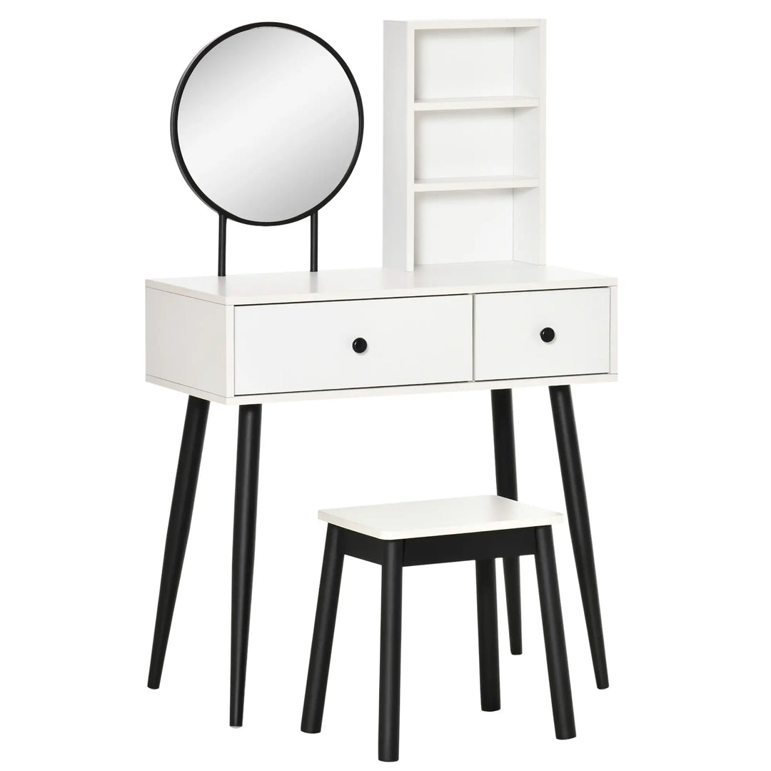 Chic Vanity Makeup Bedroom Dressing Table w Mirror, Stool, Drawers, Open Shelves, White & Black