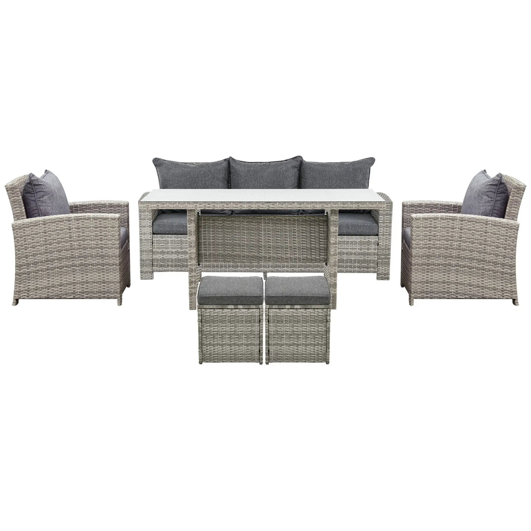6pc 7-seat Premium PE Rattan Wicker Outdoor Dining Table Patio Furniture Set w Cushions, Mixed Grey
