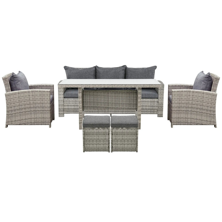 6pc 7-seat Premium PE Rattan Wicker Outdoor Dining Table Patio Furniture Set w Cushions, Mixed Grey