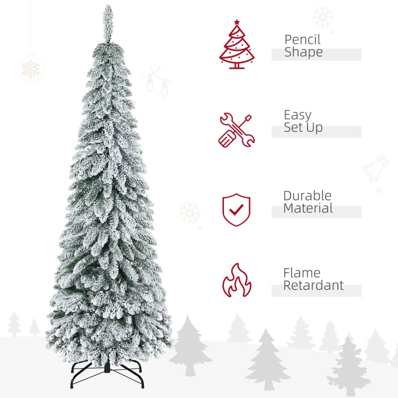 6ft 523-Tip Unlit Snow Flocked Slim Pencil Artificial Christmas Holiday Tree Xmas Decor, Green