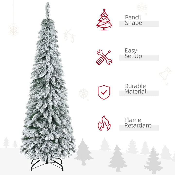 6ft 523-Tip Unlit Snow Flocked Slim Pencil Artificial Christmas Holiday Tree Xmas Decor, Green