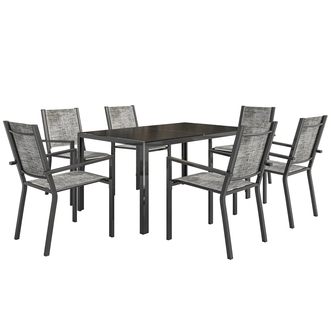 7pc, 6-Seat Steel Outdoor Patio Dining Set, Composite Tabletop, 6 Stackable Chairs, Black, Mix Grey