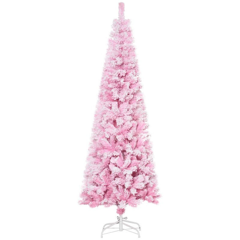 6ft 520-Tip Slim Snow Flocked Unlit Artificial Pencil Christmas Holiday Tree, Base Xmas, Pink