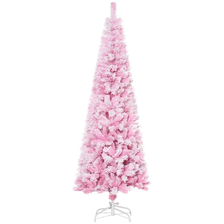 6ft 520-Tip Slim Snow Flocked Unlit Artificial Pencil Christmas Holiday Tree, Base Xmas, Pink