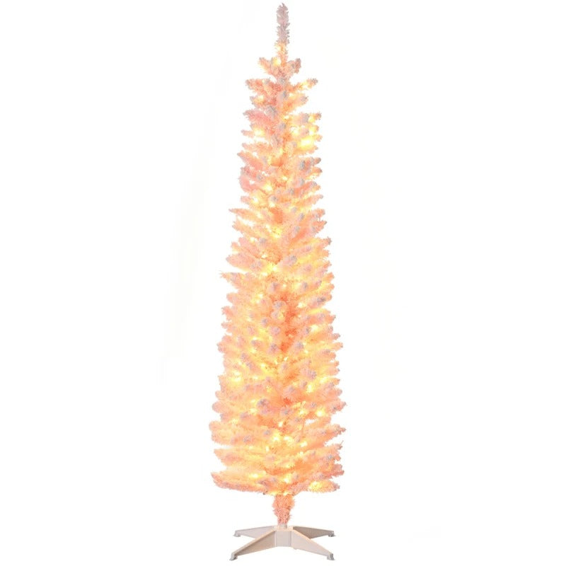 6ft 360-Tip Pre-lit Snow Flocked Artificial Pencil Christmas Holiday Tree, 200 LED Lights, Pink