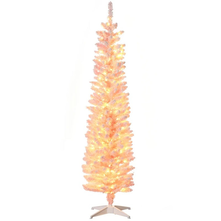 6ft 360-Tip Pre-lit Snow Flocked Artificial Pencil Christmas Holiday Tree, 200 LED Lights, Pink